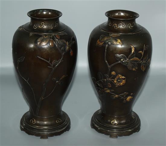 Pair Japanese bronze and mixed metal vases